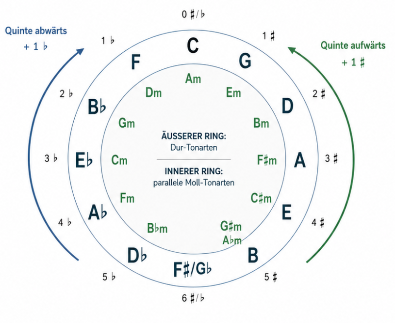Schema des Quintkreises, das die zwölf diatonischen Tonarten in Dur und Moll darstellt.