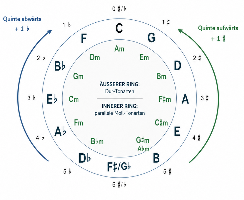 Schema des Quintkreises, das die zwölf diatonischen Tonarten in Dur und Moll darstellt.