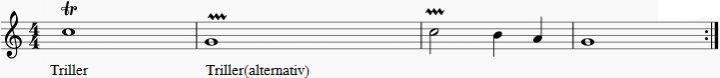 Musiknotation, die zwei verschiedene Schreibweisen eines Trillers auf einem Notensystem vergleicht.