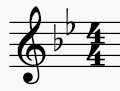 Musikalische Notationssymbole mit Violinschlüssel, einem Vorzeichen und der Taktart 4/4
