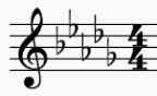 Musikalische Notenstaffel mit einem Vorzeichen von vier Bemol-Kreuzen und Taktart 4/4.